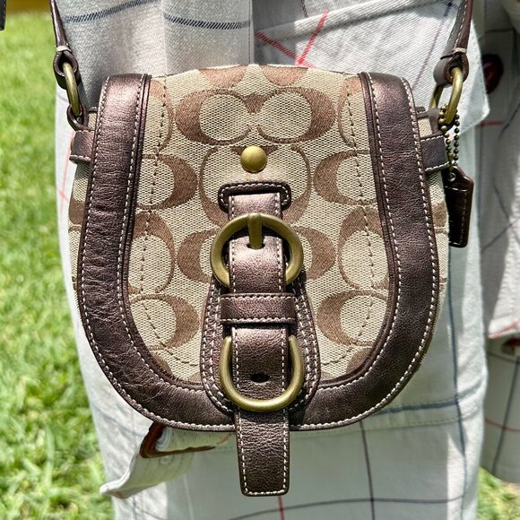 Coach Mini Garcia Signature & Metallic Leather Saddle Bag Crossbody Khaki Bronze - Picture 1 of 14